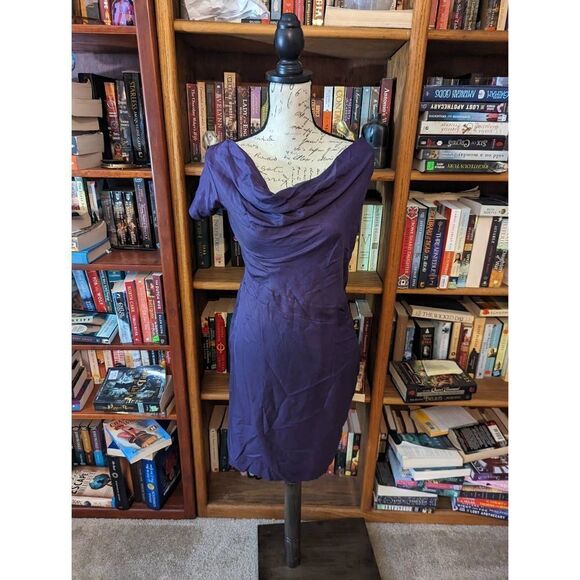 l'ogan purple silk cowl neck asymmetrical flutter sleeve silk dress sz m nwt - Picture 4 of 8